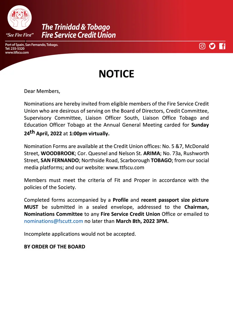 TTFSCU Notice of AGM Nominations